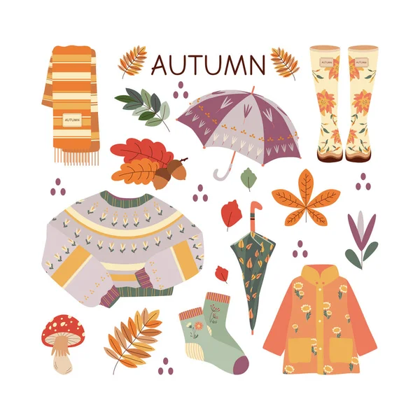 Umbrella Scarf Boots Raincoat Mushroom Sock Leaves Hello Autumn Autumn — Stock Vector