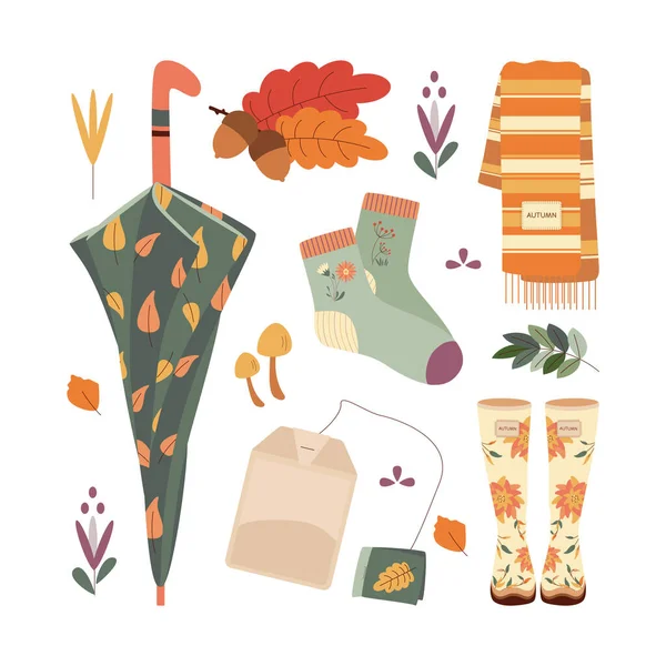 スカーフ ブーツ コーン ソックス こんにちは秋 秋の季節の要素 アイコン 白い背景に隔離された平らなベクトル図 ストックイラスト