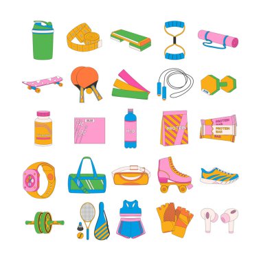 Titretici, açıcı, minder, kaykay, dambıl, vitamin, protein, taşıyıcı, kemer çantası, rulo, spor ayakkabısı, eldiven, kulaklık. Spor malzemeleri. Fitness envanteri.