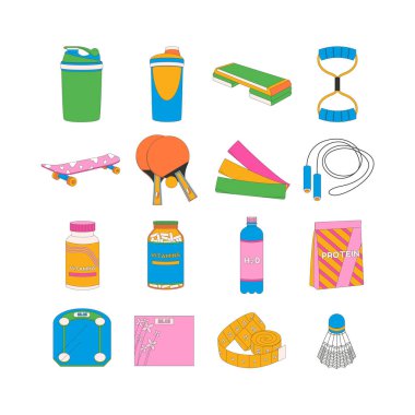 Titretici, adım platformu, genişletici, mat, kaykay, tenis, vitaminler, şişe su, protein, zemin ölçeği, santimetre. Spor malzemeleri. Fitness envanteri.