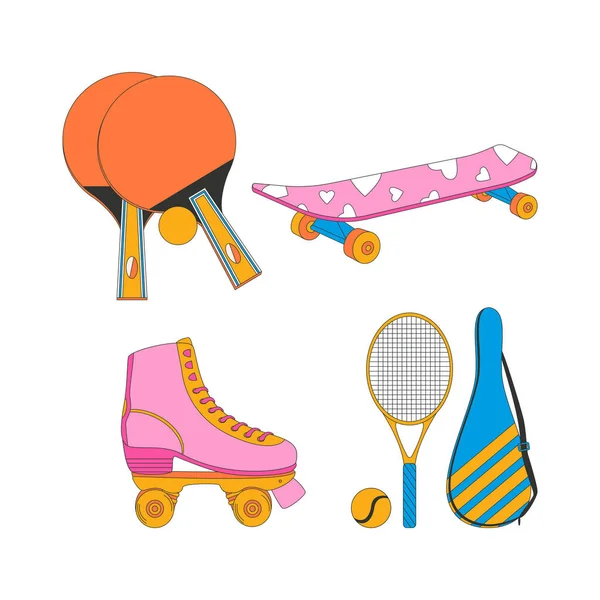 Skateboard Rollers Racket Ball Big Tennis Sport Equipment Fitness Inventory — Stock Vector