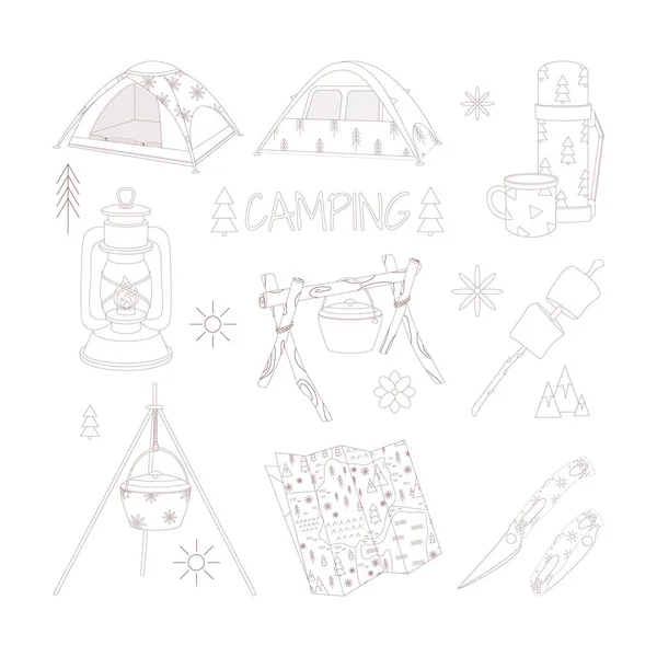 Camping Caminhadas Conjunto Calçado Elementos Desenhados Meias Mosquito Spray Binóculos — Vetor de Stock