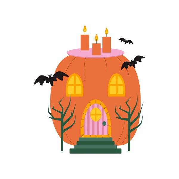 Halloween Pumpkins Autumn Holiday Pumpkin House Carved Windows Doors Bats — Stock Vector