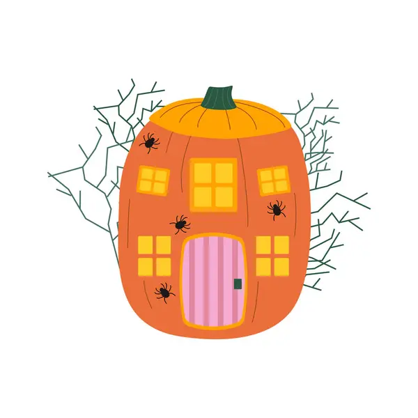 Halloween Pumpkins Autumn Holiday Pumpkin House Carved Windows Doors Spiders — Stock Vector