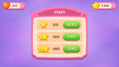 Yıldızları satın almak. Oyun gezgini için GUI Kit günlük varlıkları, oyun arayüzü için kullanıcı arayüzü ögeleri ve açılır pencereler. Vektör UI nesneleri.