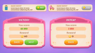 Zafer ve yenilgi. Oyun gezgini için GUI Kit günlük varlıkları, oyun arayüzü için kullanıcı arayüzü ögeleri ve açılır pencereler. Vektör UI nesneleri.