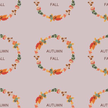 Kestane, meşe palamudu, mantar ve yapraklı desen. Merhaba sonbahar. Sonbahar temalı elementler. Düz vektör illüstrasyonu.