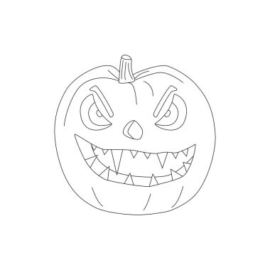 Cadılar Bayramı balkabakları, sonbahar tatili. Oyma gülüşlü bir balkabağı. Düz vektör çizimi beyaz arkaplanda izole edildi. Satır sanatı.