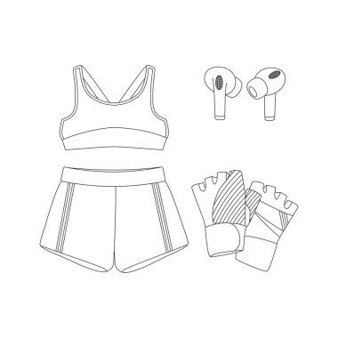 Spor bluzu, şort, spor giysi, kulaklık. Spor malzemeleri. Fitness envanteri. Çizgi çalışması. Düz vektör çizimi beyaz arkaplanda izole edildi.