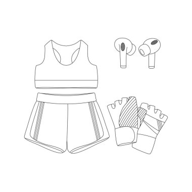 Spor bluzu, şort, spor giysi, kulaklık. Spor malzemeleri. Fitness envanteri. Çizgi çalışması. Düz vektör çizimi beyaz arkaplanda izole edildi.