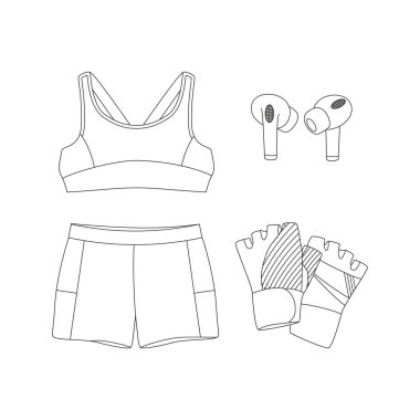 Spor bluzu, şort, spor giysi, kulaklık. Spor malzemeleri. Fitness envanteri. Çizgi çalışması. Düz vektör çizimi beyaz arkaplanda izole edildi.