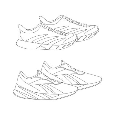 Spor ayakkabılar, spor giyim. Spor malzemeleri. Fitness envanteri. Düz vektör çizimi beyaz arkaplanda izole edildi. Satır sanatı.