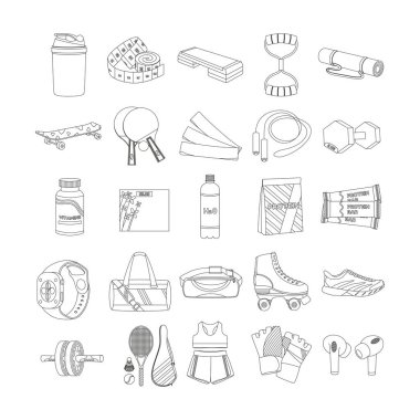 Titretici, açıcı, minder, kaykay, dambıl, vitamin, protein, taşıyıcı, kemer çantası, rulo, spor ayakkabısı, eldiven, kulaklık. Spor malzemeleri. Fitness envanteri.