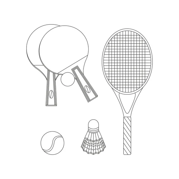 Racket and shuttlecock, ball for tennis. Sport equipment. Fitness inventory. Line art. Flat vector illustration isolated on white background.