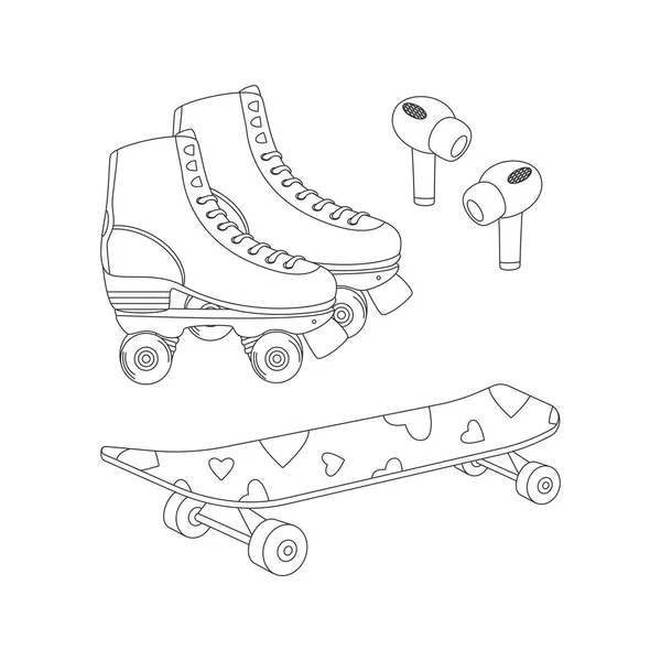 ローラー ヘッドホン スケートボード スポーツ用品 フィットネス在庫 白い背景に単離された平らなベクトル図 ラインアート — ストックベクタ