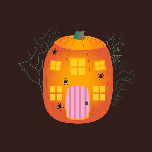 Halloween Pumpkins Autumn Holiday Pumpkin House Carved Windows Doors Spiders — Stock Vector