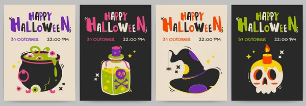 Fête Halloween Cartes Voeux Affiches Serties Calligraphie Chapeau Potion Illustration — Image vectorielle