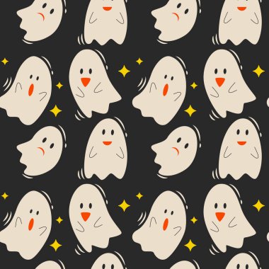 Cadılar Bayramı vektör deseni. Sonsuz doku duvar kağıdı, dolgu kalıbı ve arkaplan için kullanılabilir. Çizgi film vektör illüstrasyonu.