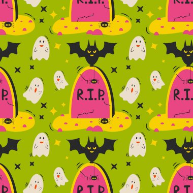 Cadılar Bayramı vektör deseni. Sonsuz doku duvar kağıdı, dolgu kalıbı ve arkaplan için kullanılabilir. Çizgi film vektör illüstrasyonu.