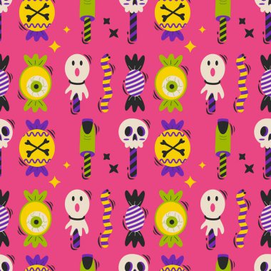 Cadılar Bayramı vektör deseni. Sonsuz doku duvar kağıdı, dolgu kalıbı ve arkaplan için kullanılabilir. Çizgi film vektör illüstrasyonu.