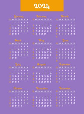 Takvim 2024. Hafta pazar günü başlıyor. Planlayıcı, baskı, kırtasiye, organizatör için tasarım. Vektör şablonu.