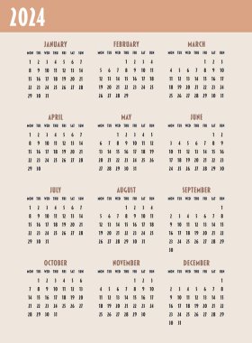 Takvim 2024. Hafta pazartesi başlıyor. Planlayıcı, baskı, kırtasiye, organizatör için tasarım. Vektör şablonu.