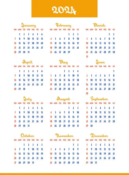 Kalender 2024 Jahr Die Woche Beginnt Sonntag Design Für Planer — Stockvektor