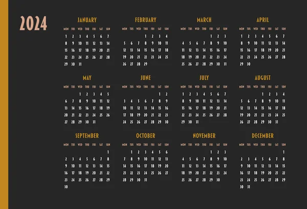 Calendario 2024 Anno Settimana Inizia Lunedì Progettazione Progettista Stampa Cancelleria — Vettoriale Stock