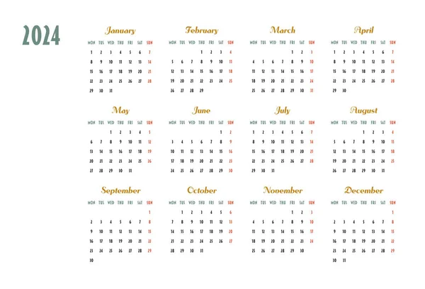 カレンダー 2024年 週は月曜日から始まります プランナー 文房具 主催者のための設計 ベクトルテンプレート — ストックベクタ