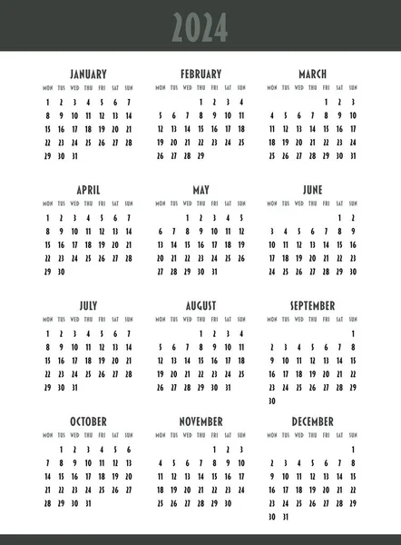 Kalender 2024 Tahun Minggu Dimulai Pada Hari Senin Desain Untuk - Stok Vektor