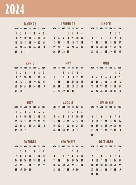 Календарь 2024 Года Неделя Начинается Понедельник Дизайн Планировщика Печати Канцелярских — стоковый вектор