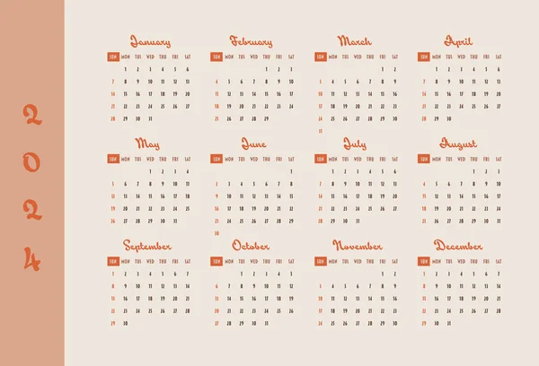 Kalender 2024 Jahr Die Woche Beginnt Sonntag Design Für Planer — Stockvektor