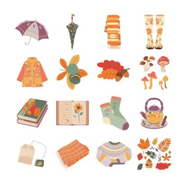 Şemsiye, atkı, yağmurluk, mantar, kitap, çorap, yapraklar, çay, kazak. Merhaba sonbahar. Sonbahar mevsimi elementi, ikon. Düz vektör çizimi beyaz arkaplanda izole edildi.