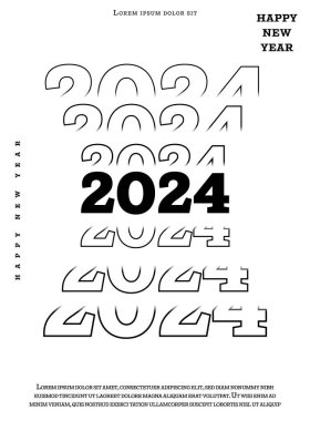 2024 Mutlu Yıllar. Takvim, poster, broşür ve afiş için siyah beyaz harf logosu. Vektör düz tasarımı.