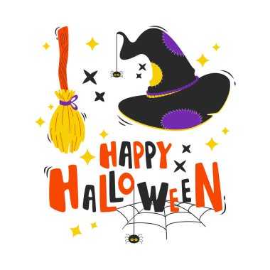 Cadılar Bayramı karikatür setleri ve harfler. Mutlu Cadılar Bayramı. Şapka ve süpürge. El çizimi vektör illüstrasyonu.