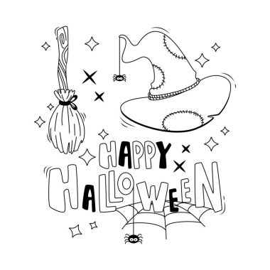 Cadılar Bayramı karikatür setleri ve harfler. Mutlu Cadılar Bayramı. Şapka ve süpürge. El çizimi vektör çizimi. Satır sanatı.