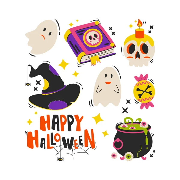 Set Elementi Halloween Cartoni Animati Lettering Buon Halloween Illustrazione Del — Vettoriale Stock