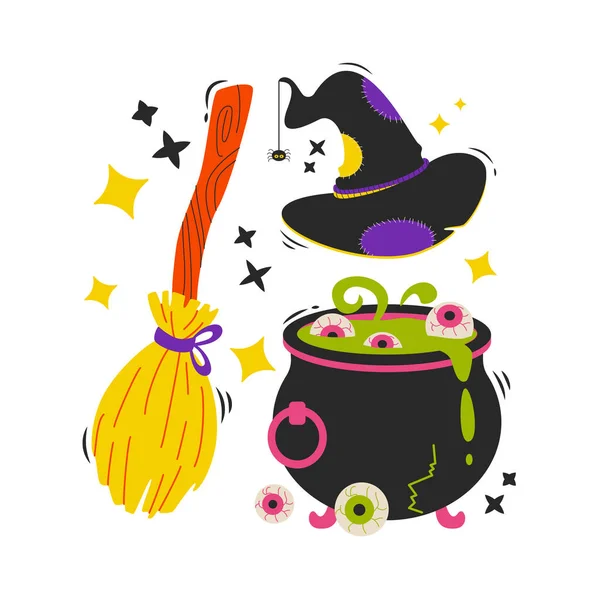 Ensemble Éléments Dessin Animé Halloween Balai Chapeau Chapeau Melon Avec — Image vectorielle