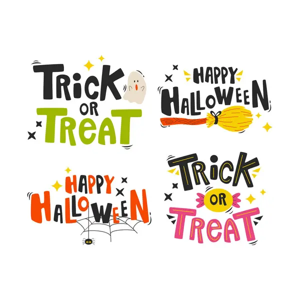 Sada Kreslených Halloween Prvků Nápisy Šťastný Halloween Trick Treat Ručně — Stockový vektor