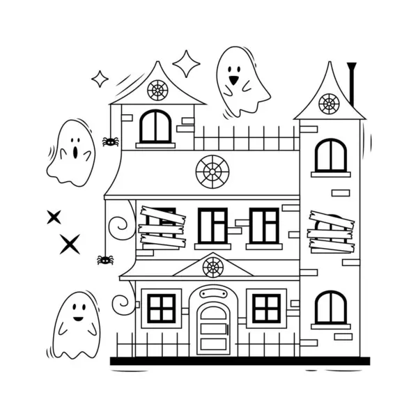 漫画ハロウィーンの要素のセット クモや幽霊がいる古い怖い家 手描きベクターイラスト ラインアート — ストックベクタ