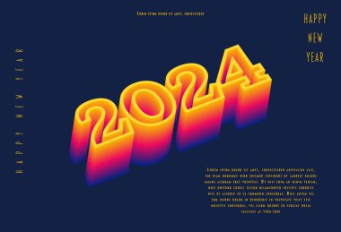 2024 mutlu yıllar. Takvim, poster, afiş ve afiş için renkli harf logosuna sahip bir şablon. Vektör düz tasarımı.