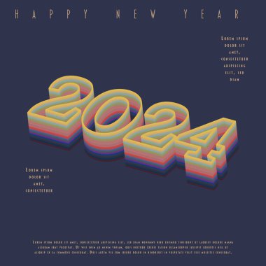 2024 mutlu yıllar. Takvim, poster, afiş ve afiş için renkli harf logosuna sahip bir şablon. Vektör düz tasarımı.