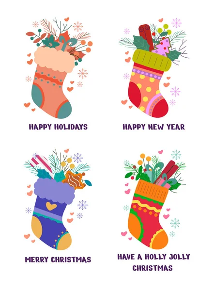 Feliz Año Nuevo Feliz Navidad Tarjeta Felicitación Con Calcetines Decoración Vectores de stock libres de derechos