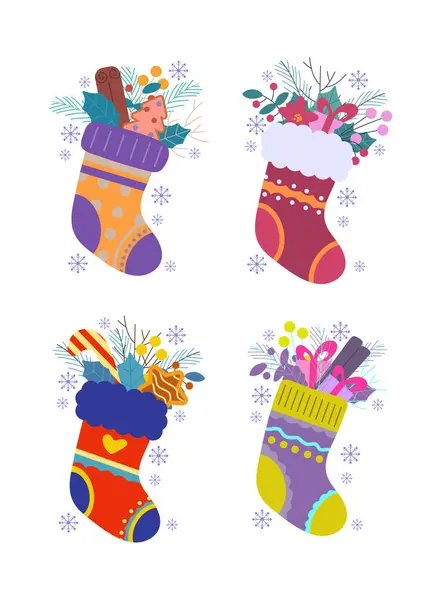 Feliz Año Nuevo Feliz Navidad Tarjeta Felicitación Con Calcetines Decoración Ilustraciones de stock libres de derechos