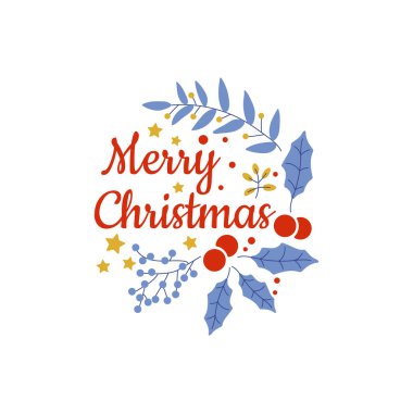 İçinde mutlu noeller, xmas dekorasyonları ve tipografi tasarımı olan bir kartpostal. Düz vektör illüstrasyonu.