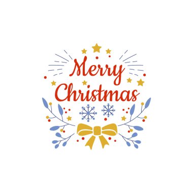 İçinde mutlu noeller, xmas dekorasyonları ve tipografi tasarımı olan bir kartpostal. Düz vektör illüstrasyonu.