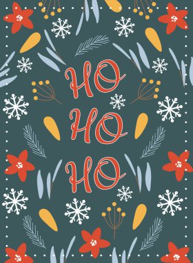 İçinde mutlu noel süslemeleri ve tipografi tasarımı olan bir kartpostal. Düz vektör illüstrasyonu.