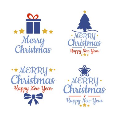 Mutlu yıllar yazılı kartpostal ve mutlu noeller Noel süslemeleri ve tipografi tasarımı. Düz vektör illüstrasyonu.