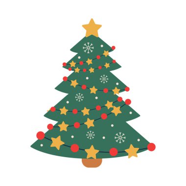 Süslü Noel ağacı. Kış tatili elemanları. Düz vektör çizimi beyaz arkaplanda izole edildi.