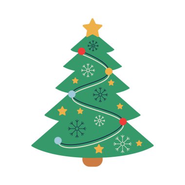 Süslü Noel ağacı. Kış tatili elemanları. Düz vektör çizimi beyaz arkaplanda izole edildi.
